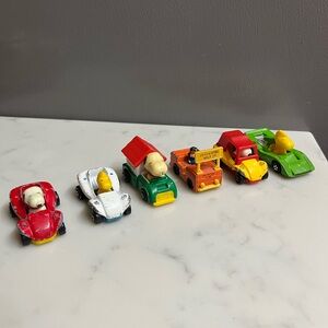 Peanuts Woodstock, Snoopy Lucy collectible diecast cars from the 1960s-1970s